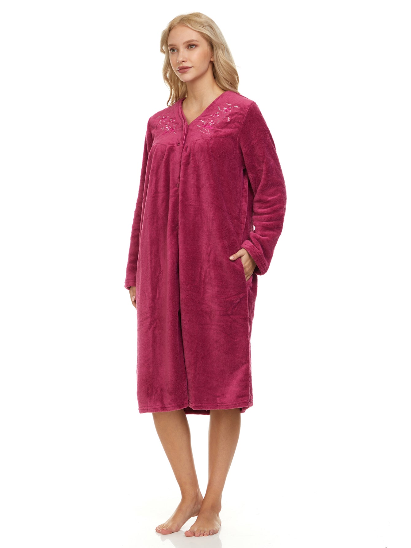 4043 Women Long Sleeve Plush Snaps Duster Female Nightgown