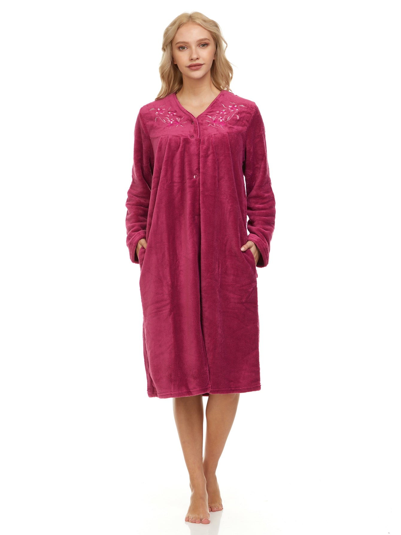 4043 Women Long Sleeve Plush Snaps Duster Female Nightgown