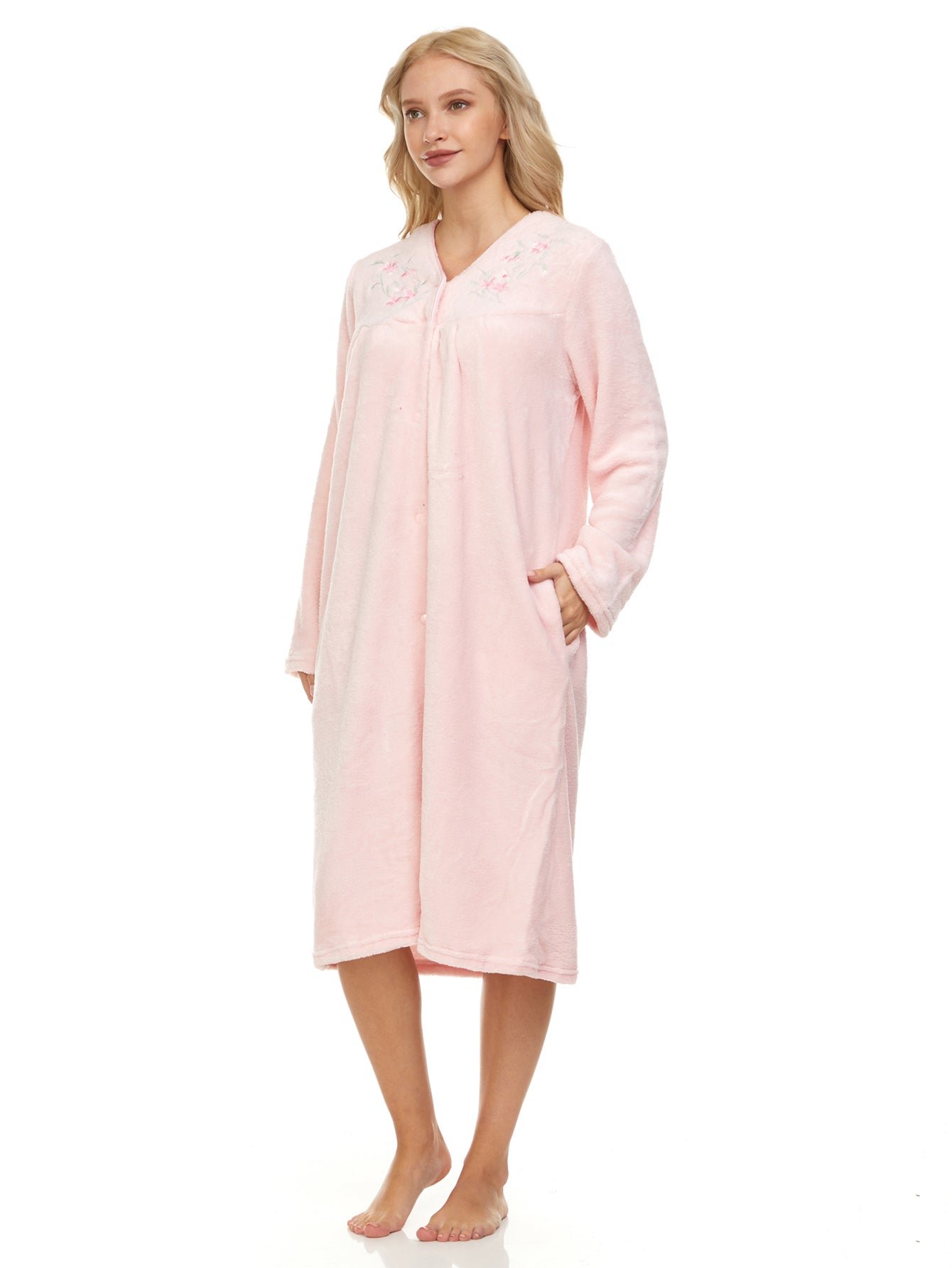 4043 Women Long Sleeve Plush Snaps Duster Female Nightgown