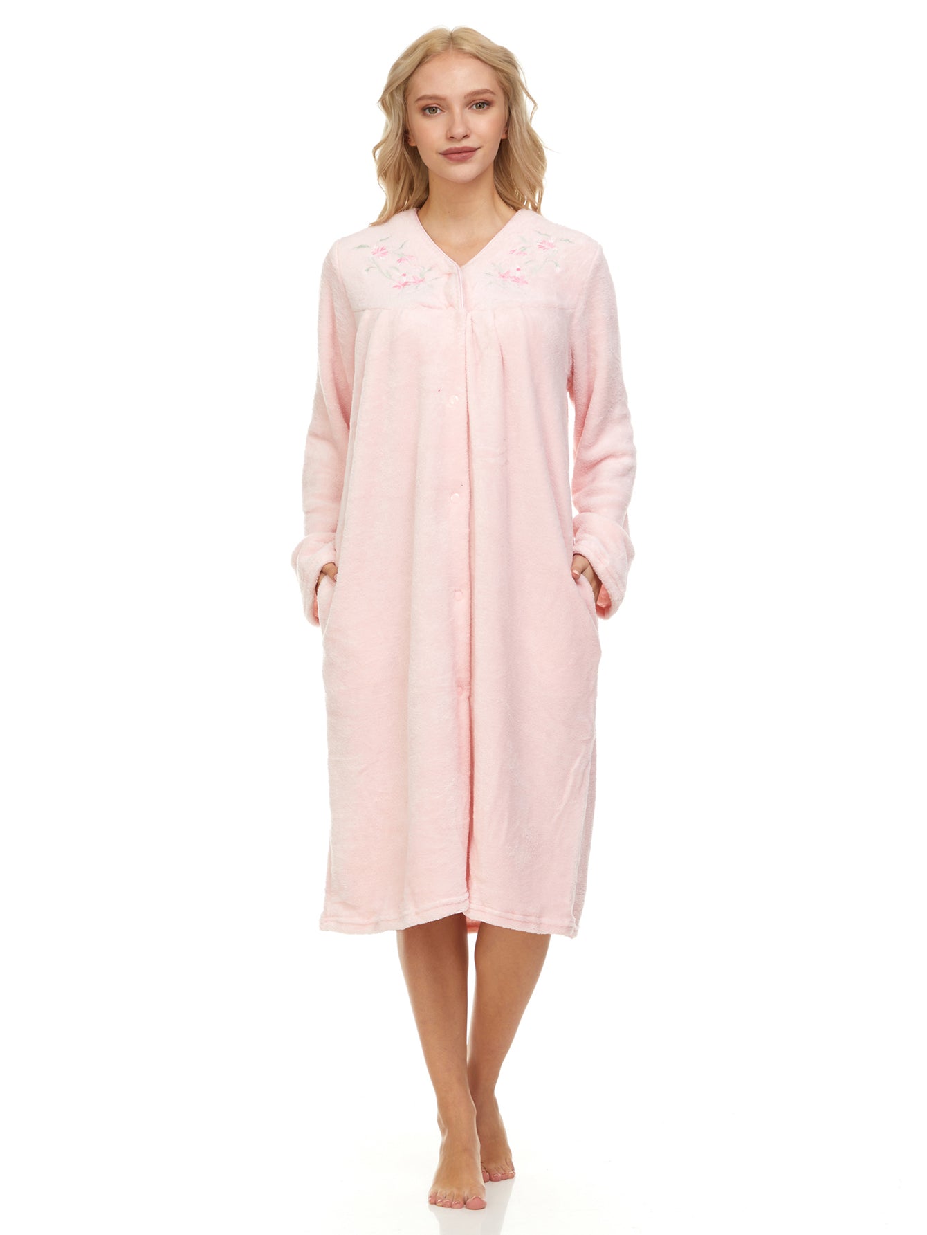 4043 Women Long Sleeve Plush Snaps Duster Female Nightgown