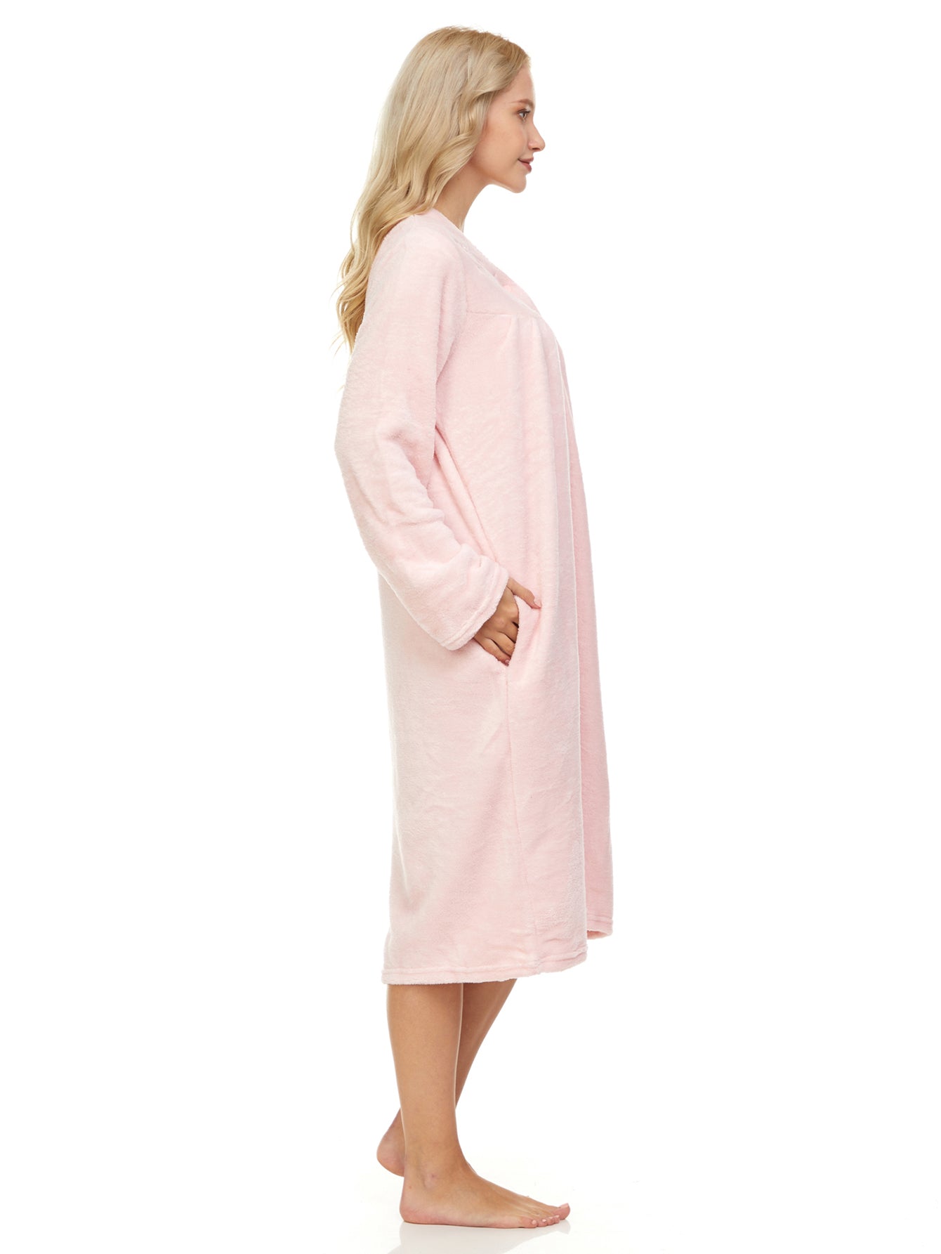 4043 Women Long Sleeve Plush Snaps Duster Female Nightgown