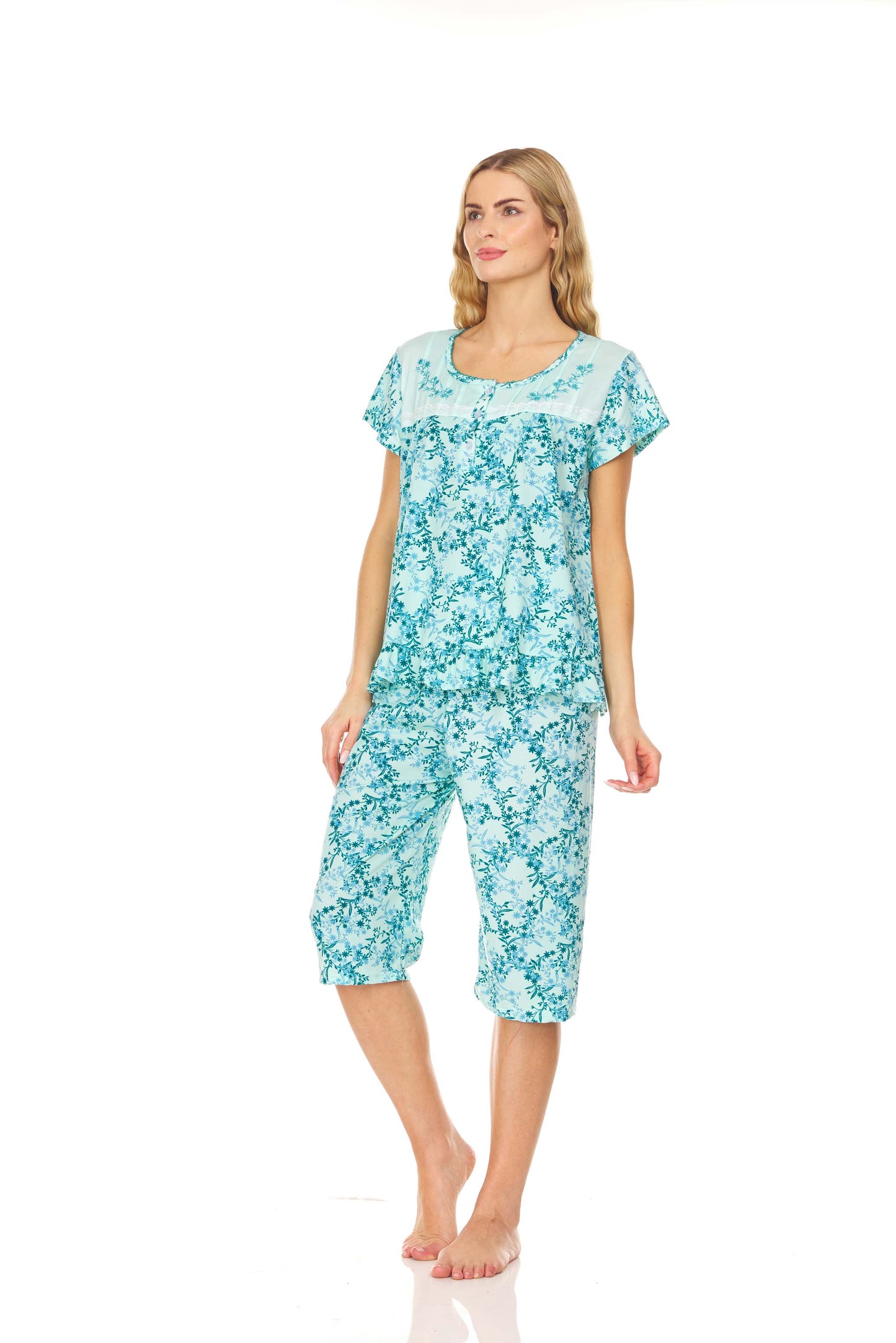 5202C Women Capri and Short Sleeve Top 2-Piece Female Pajamas Set