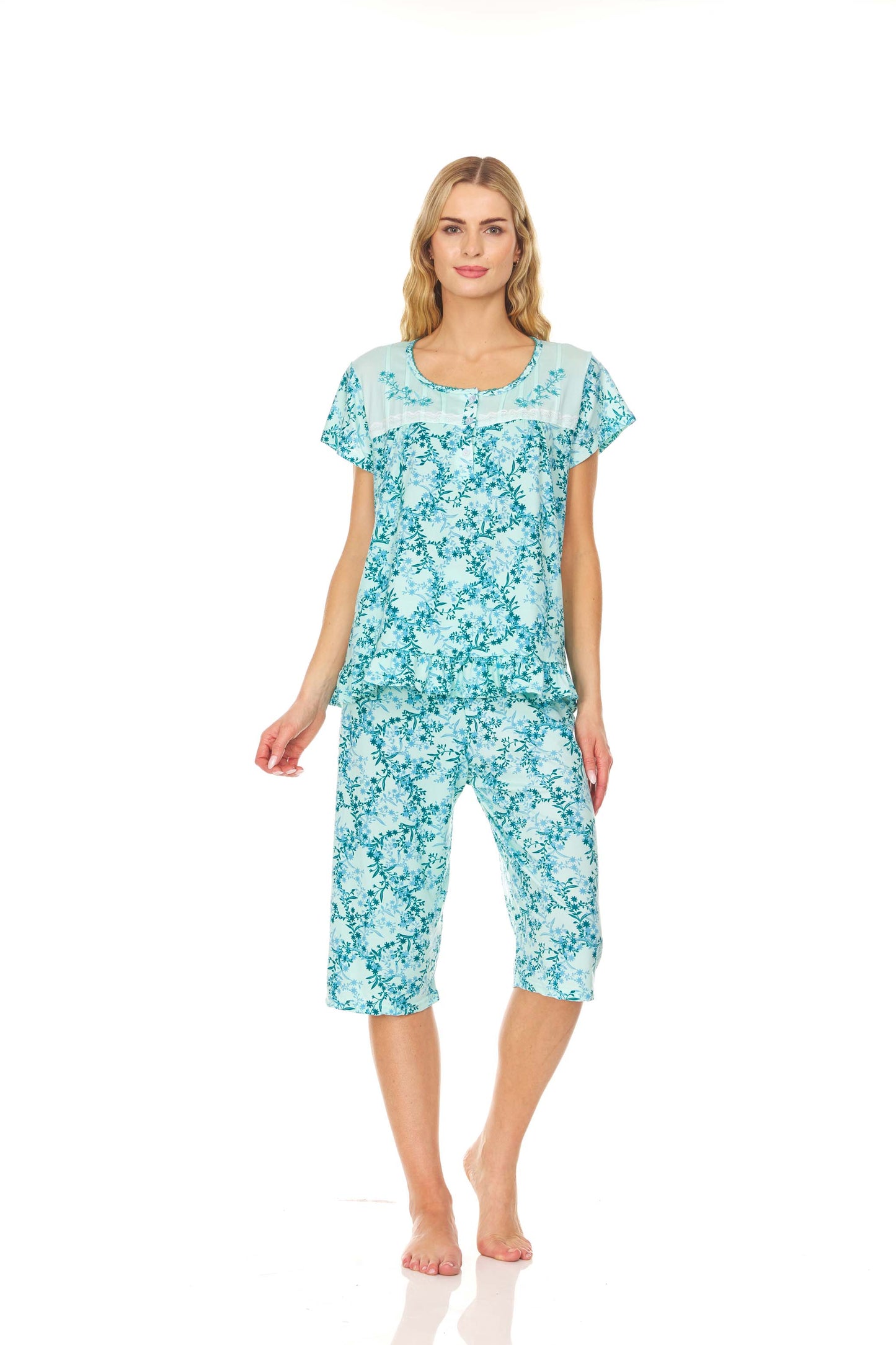 5202C Women Capri and Short Sleeve Top 2-Piece Female Pajamas Set