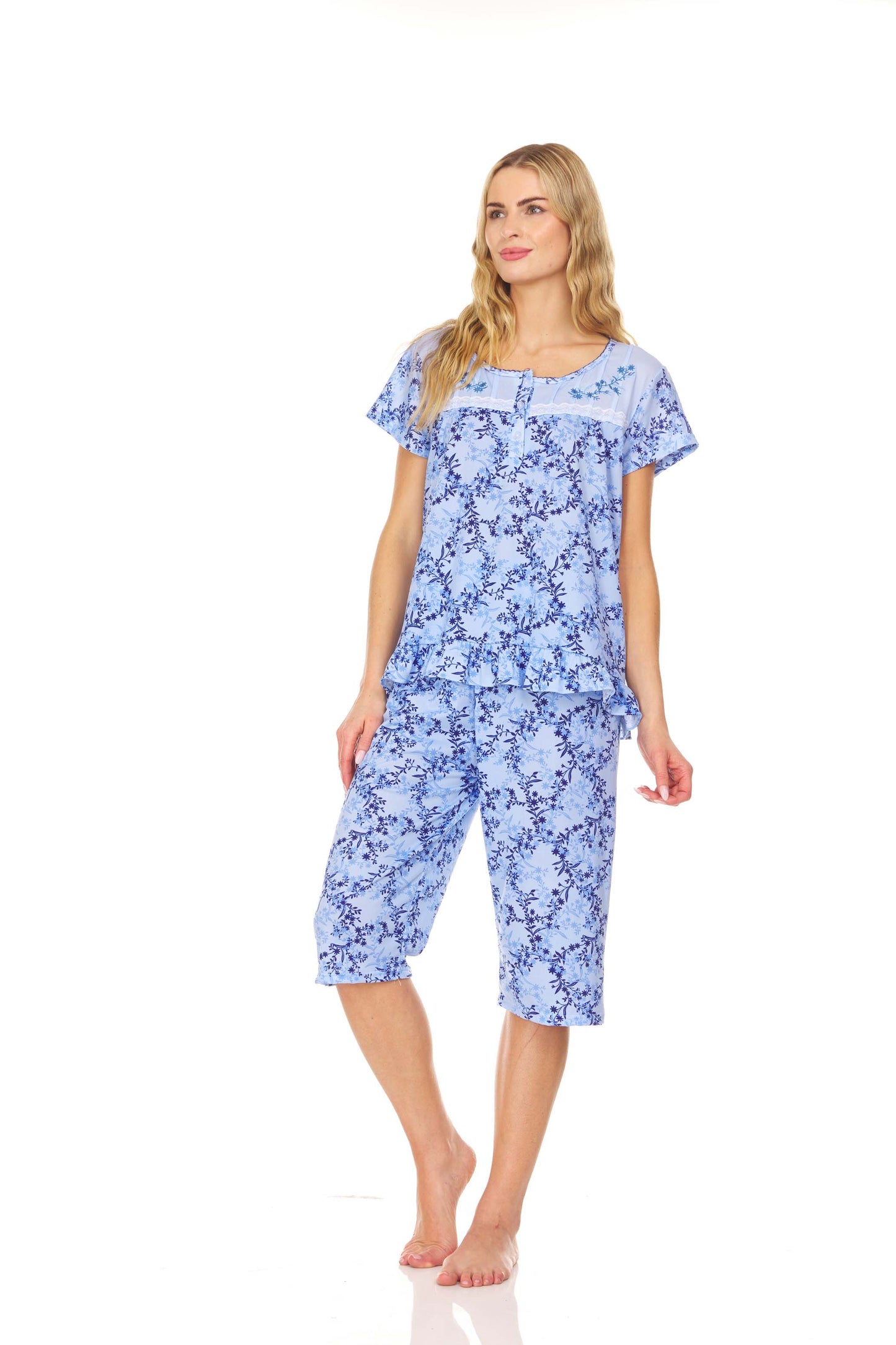 5202C Women Capri and Short Sleeve Top 2-Piece Female Pajamas Set