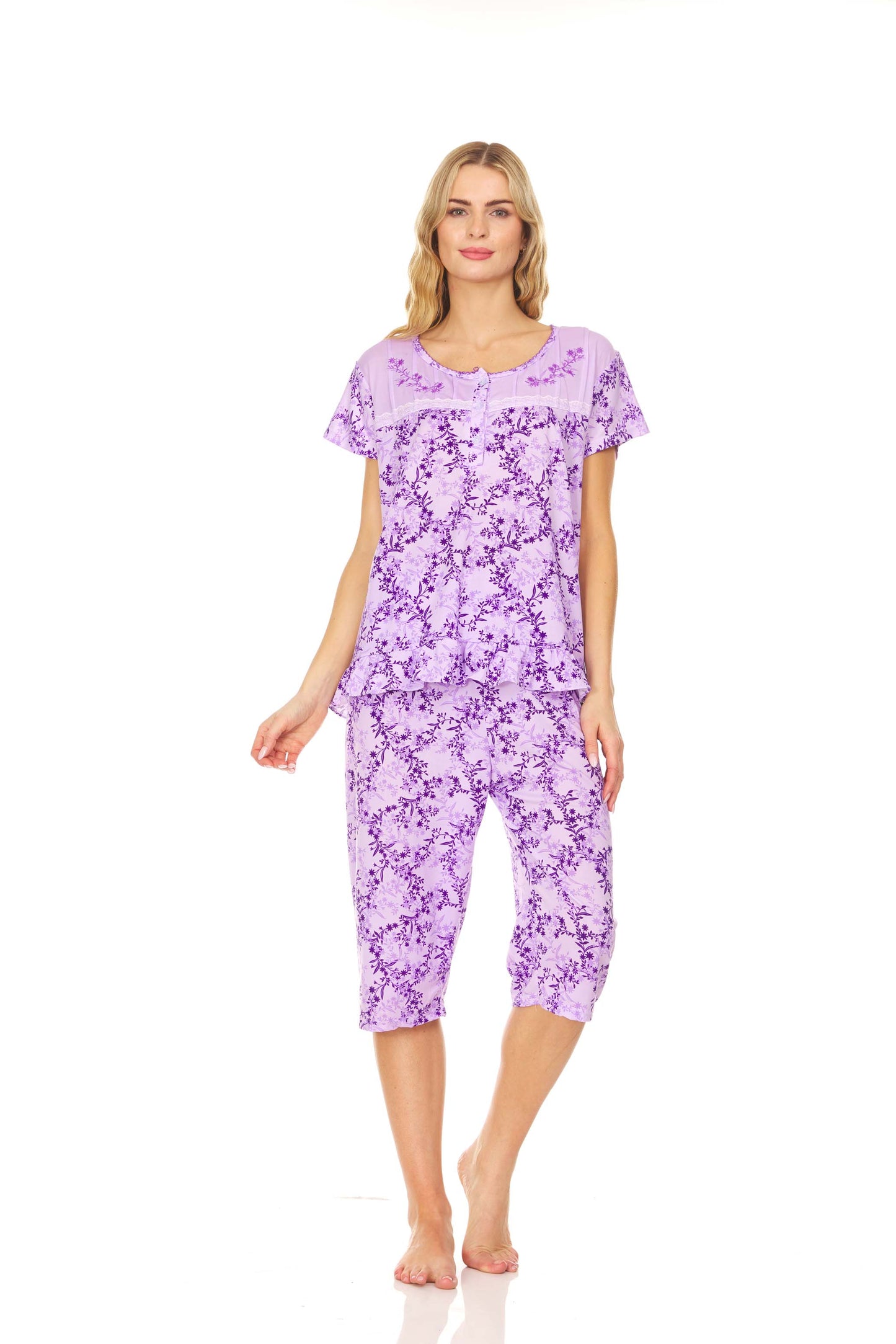 5202C Women Capri and Short Sleeve Top 2-Piece Female Pajamas Set