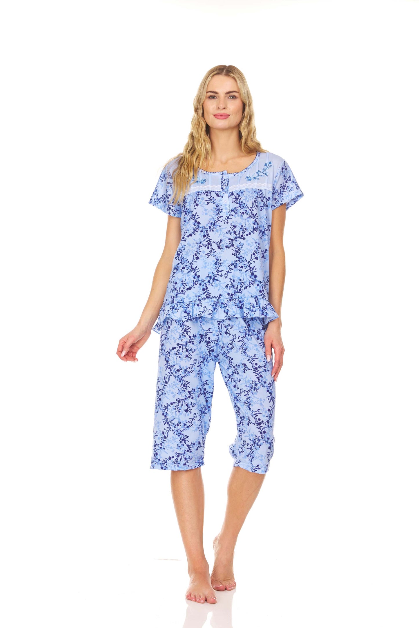 5202C Women Capri and Short Sleeve Top 2-Piece Female Pajamas Set