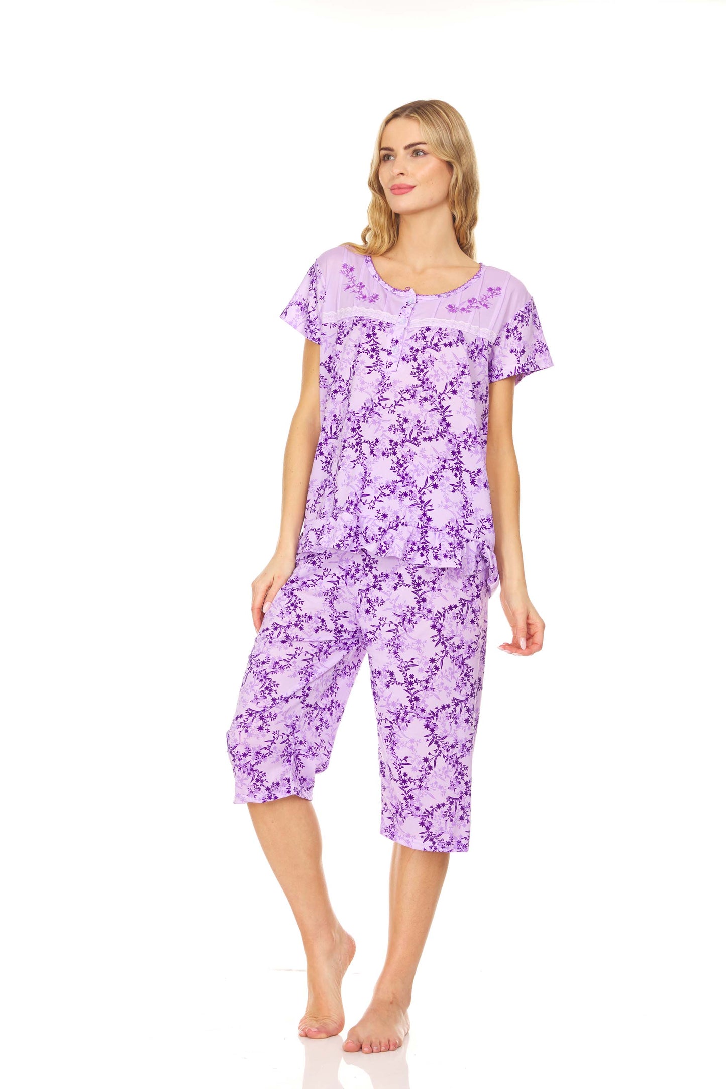 5202C Women Capri and Short Sleeve Top 2-Piece Female Pajamas Set